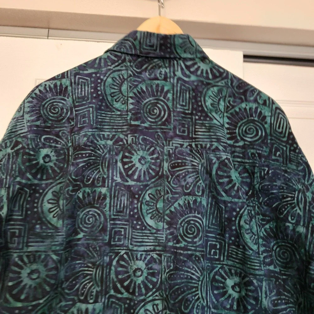 Jahari West Men's Long Sleeve Dark Blue and Teal Tropical Batik Shirt - Large - Picture 4 of 10